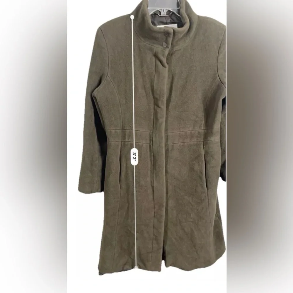 Calvin Klein Angora Wool Blend Trench Coat Olive Green Sz L Mob Wife Mock Neck‎